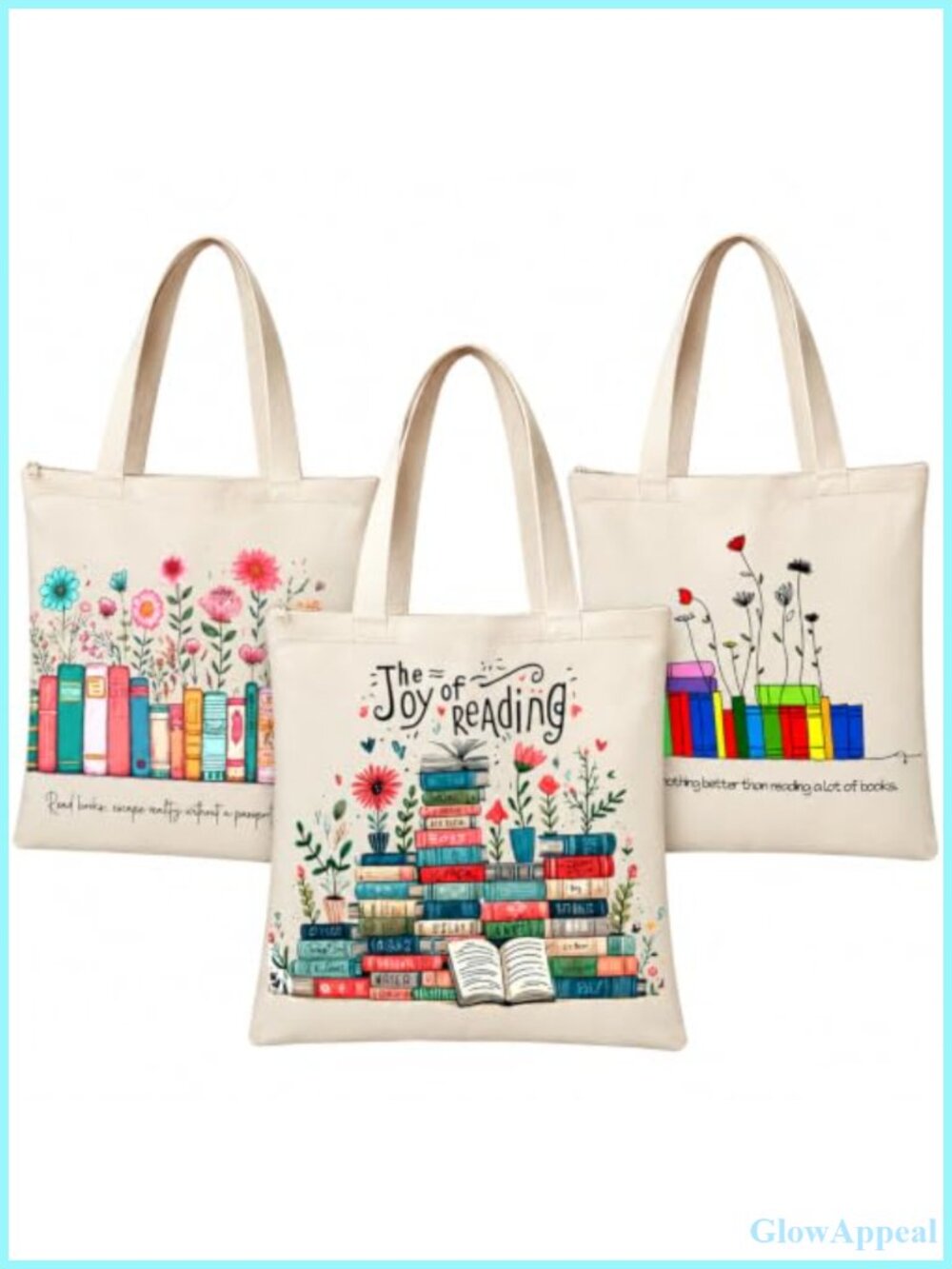 Canvas Book Tote Bags Reading Theme 3 Piece Set Gift for Book Lovers